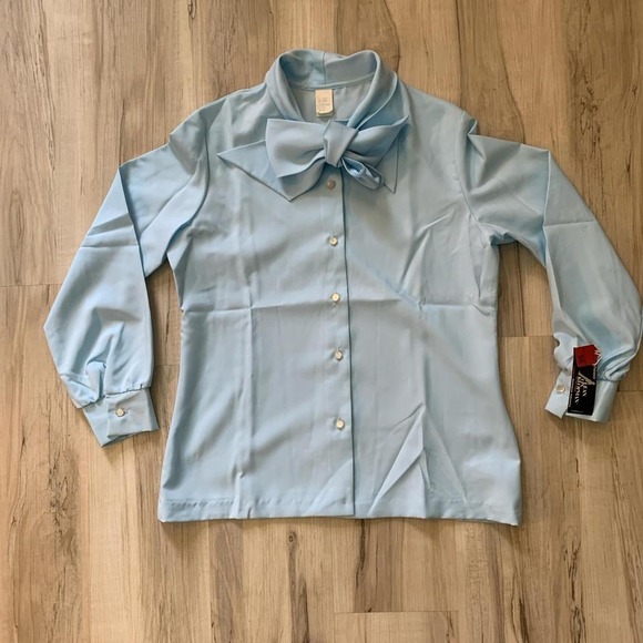 1970s vintage Tops - Vintage 1970s light blue Ultressa blouse with bow tie sz 38 NEW WITH TAG